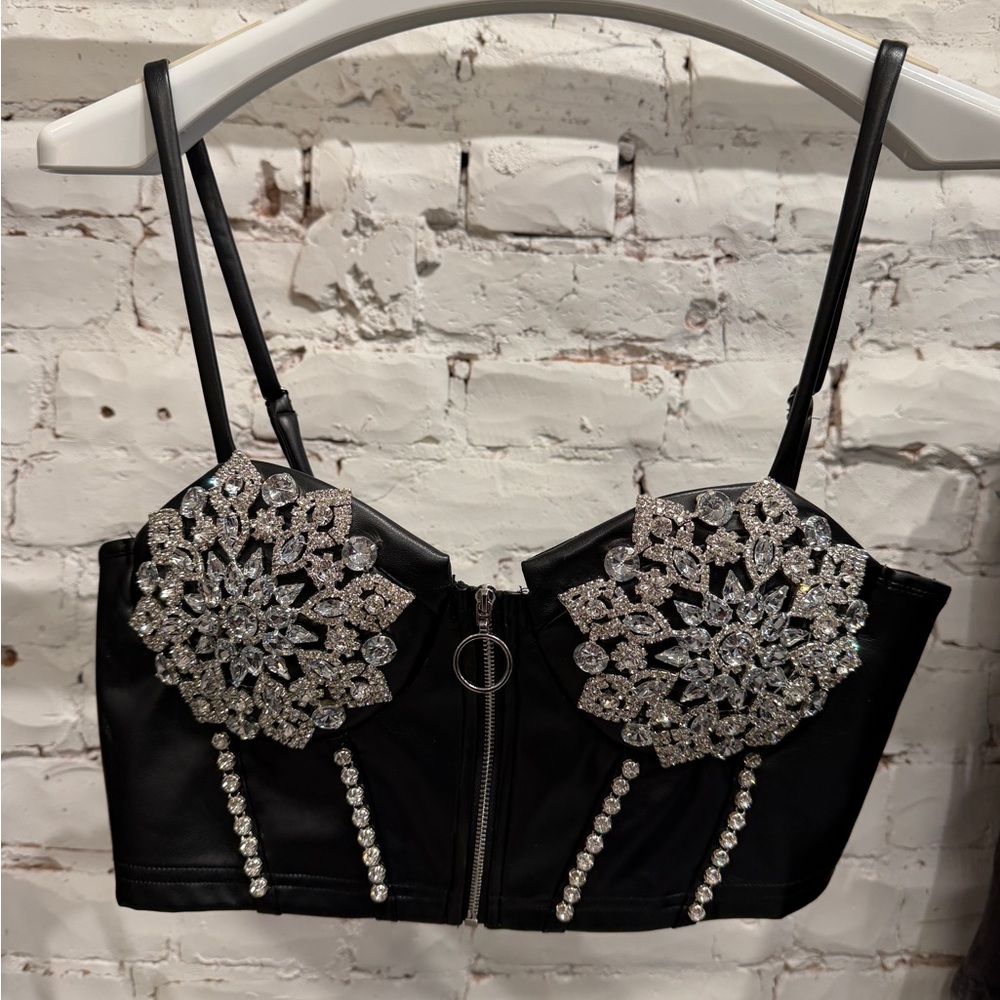 Black Rhinestone Embellished Crop Top